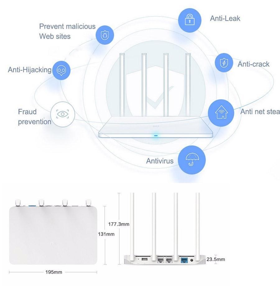 [English Version] Original Xiaomi Mi WiFi 3 Router EU Plug Smart 4 Antennas 1167Mbps Dual Band 128MB Flash ROM Support iOS Android APP - White