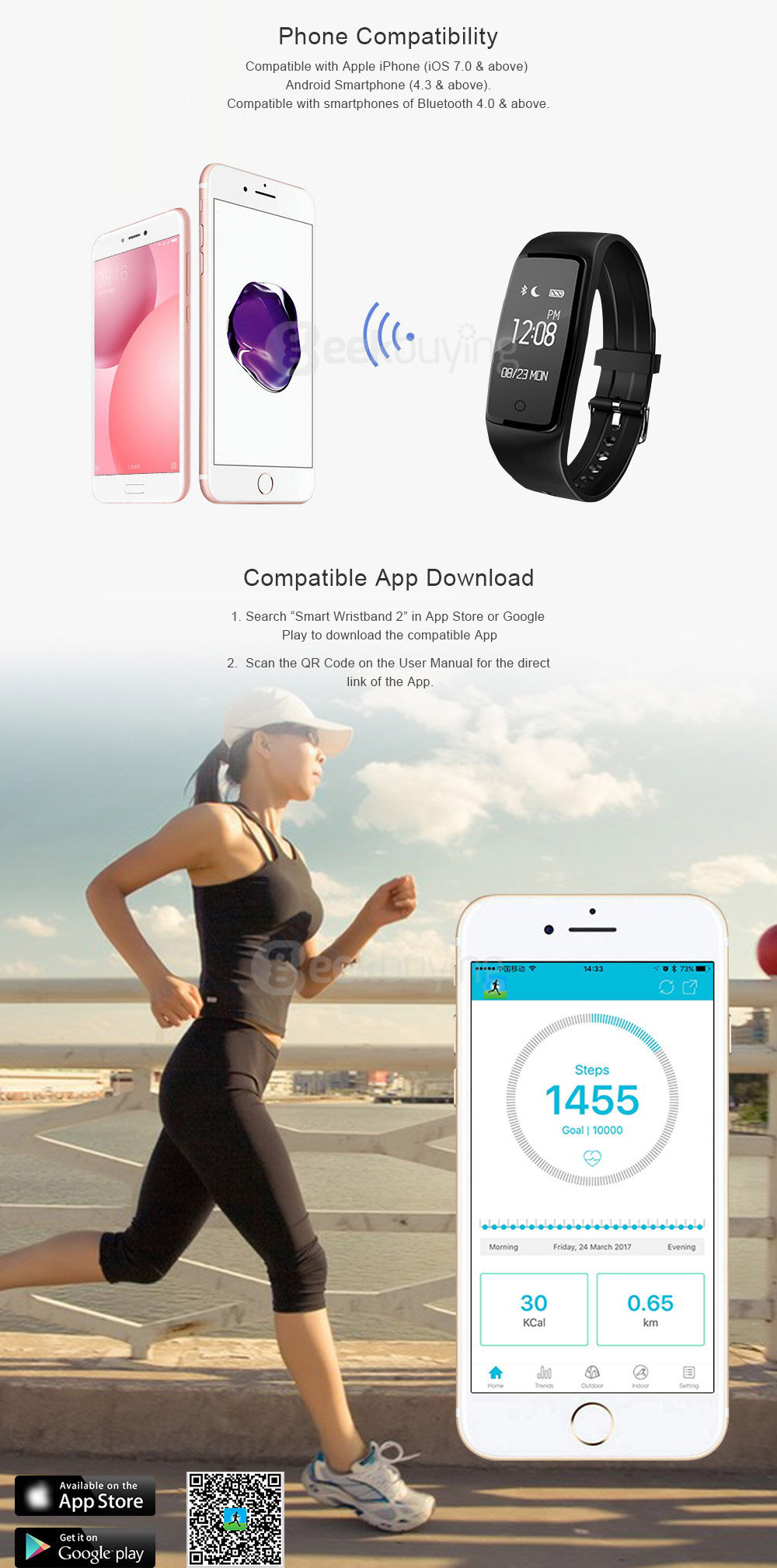 Makibes S1 Bluetooth 4.0 Heart Rate Monitor Smartband Call Reminder Remote Camera Fitness Tracker OLED Display For Android iOS - Black