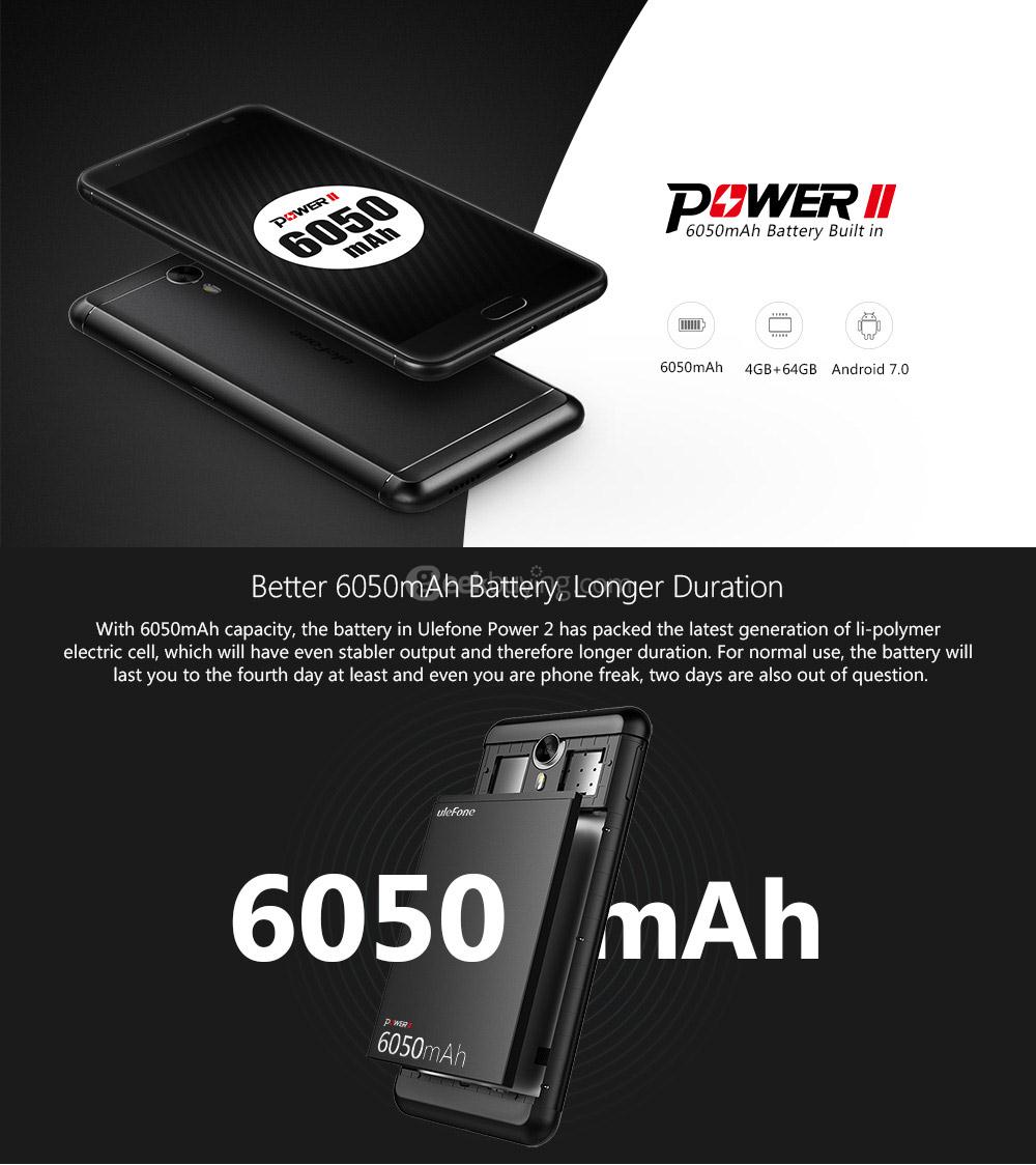 [HK Stock]Ulefone Power 2 5.5 Inch FHD Screen 4GB RAM 64GB ROM 13MP Cam MT6750T Octa Core 4G LTE Android 7.0 Smartphone Touch ID 6050mah Big Battery VoLTE - Black
