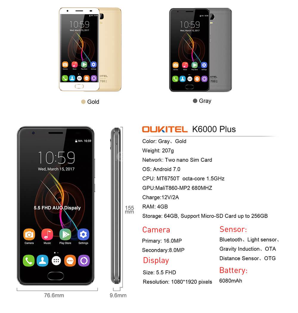 [HK Stock]OUKITEL K6000 PLUS 5.5 Inch FHD 2.5D Asahi Glass Screen 4GB RAM 64GB ROM 16MP Cam MT6750T Octa Core 4G LTE Android 7.0 Smartphone Touch ID 6080mAh Big Battery HiFi  - Gray