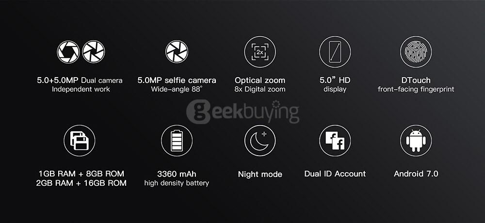 [HK Stock]DOOGEE Shoot 2 5.0 Inch 8GB ROM 5.0MP Dual Rear Camera MT6580A Quad Core 1.3GHz Android 7.0 Smartphone 3360mAh Battery - Gold