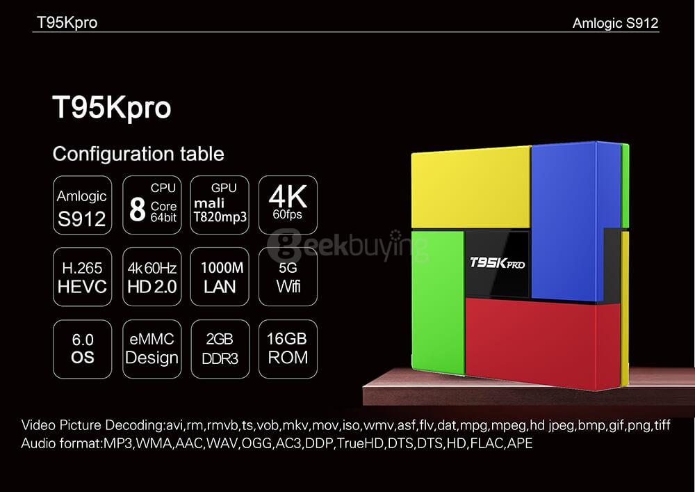 T95K Pro Amlogic S912 Android 6.0 2G/16G TV BOX 802.11ac WIFI Gigabit LAN Bluetooth KODI LED Display