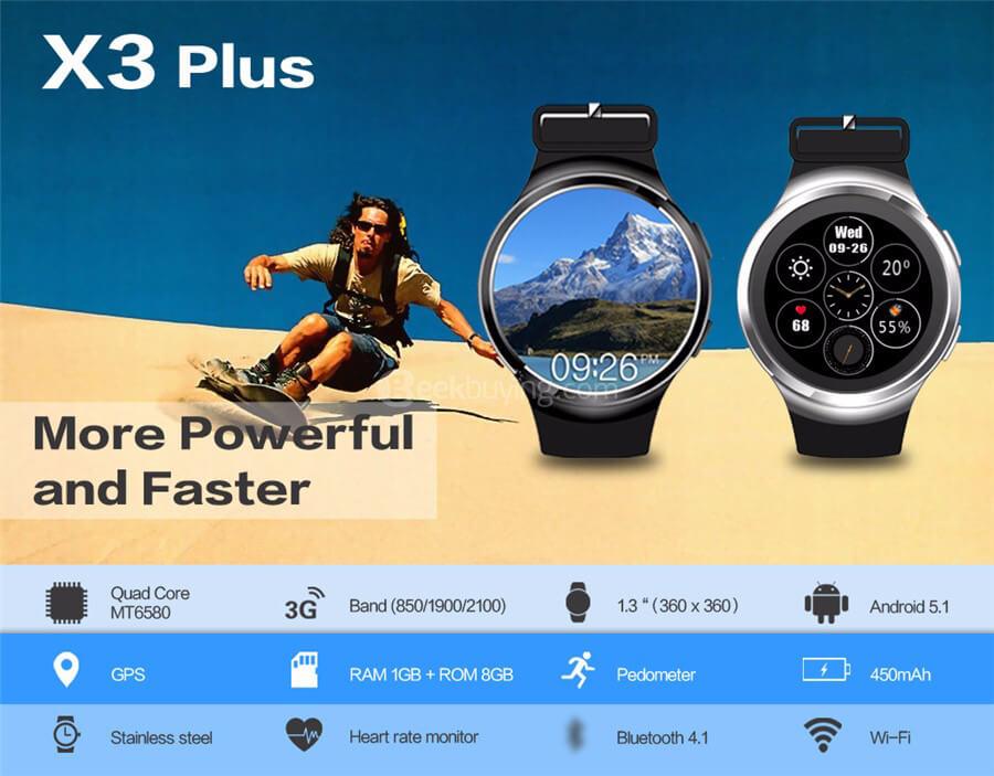 Makibes X3 Plus 3G Smartwatch Phone Android 5.1  MTK6580 Quad Core 1GB RAM 8GB ROM Heart Rate Compatible with iOS Android - Black