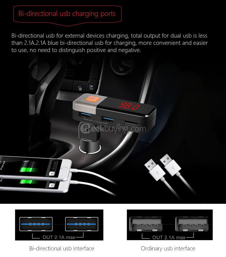BC11 Dual USB Car Charger Wireless Bluetooth Connection MP3 Player Voltage Detection LED Display - Black + Silver