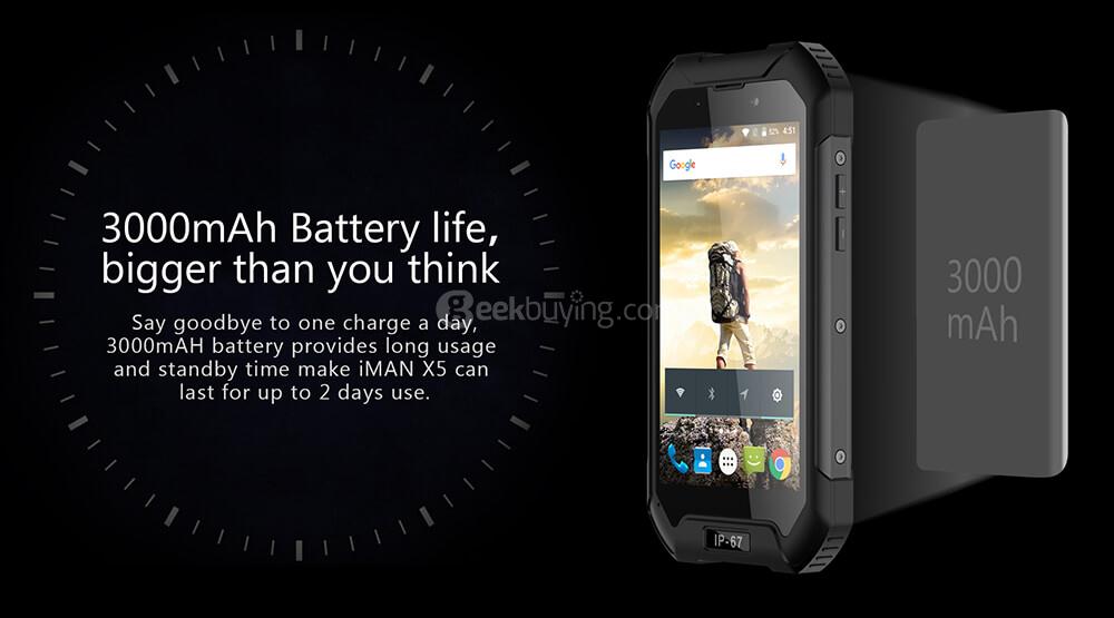 IMAN X5 IP67 Waterproof 4.5 Inch 8GB ROM 5.0MP Cam MT6580 Quad Core 1.3GHz Android 5.1 Rugged Smartphone 3000mAh- Black