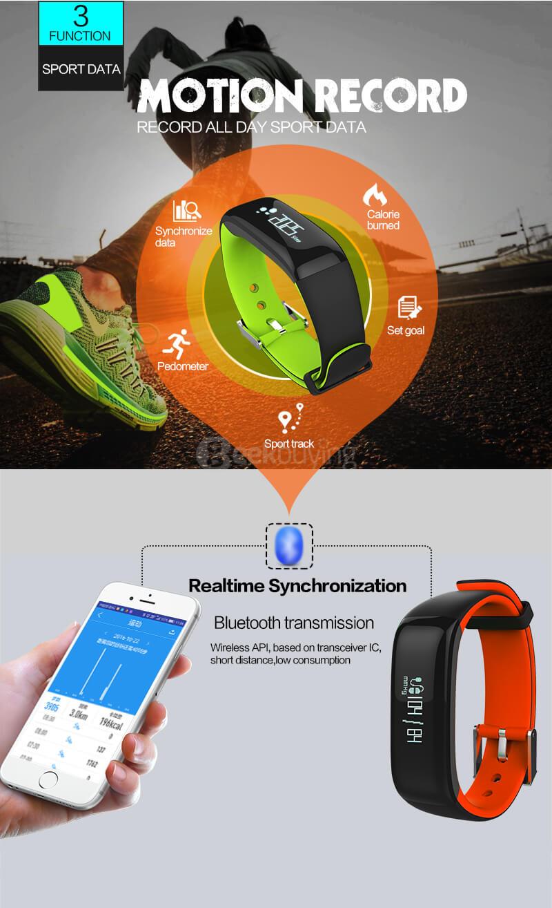 P1 Bluetooth Smartband Pedometer Blood Pressure Heart Rate Monitor Call Reminder Compatible with Android/IOS - Black