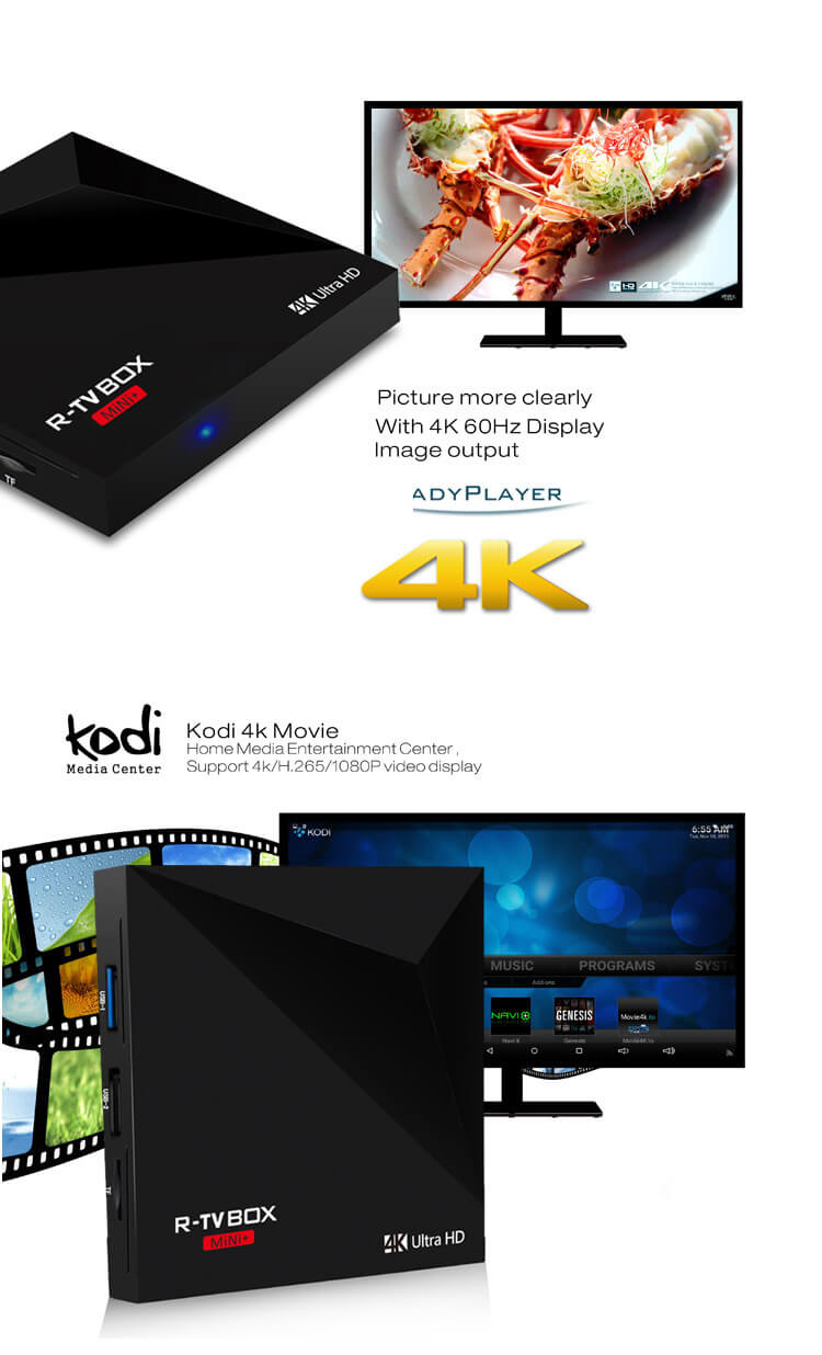 R-TV BOX MINI+ Android 7.1.1 RK3328 KODI 17.1 4K VP9 TV Box 1G/8G 802.11 b/g/n Wifi LAN H.265 HDR10 USB3.0