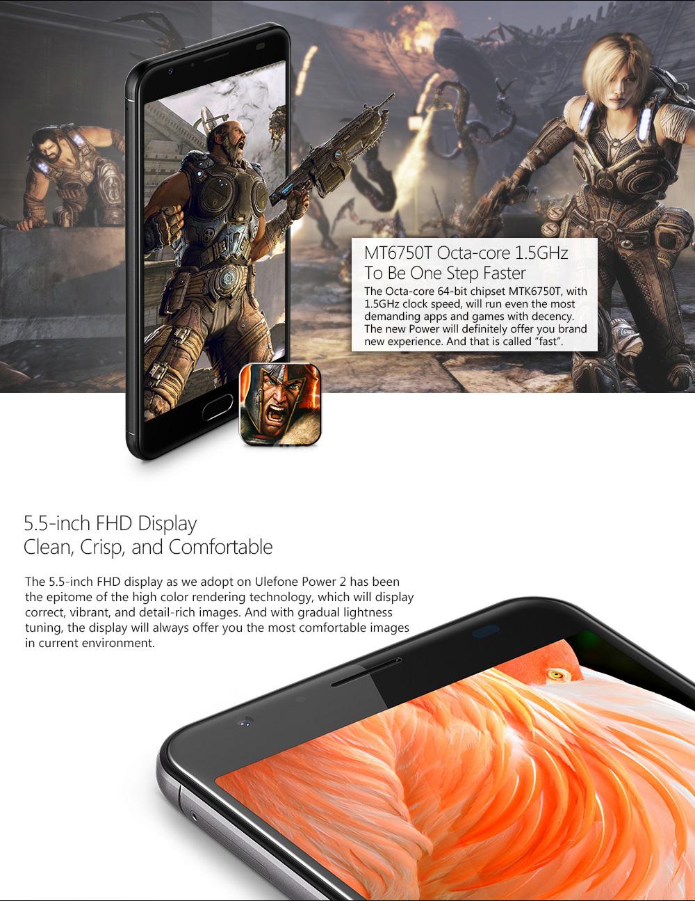 [HK Stock]Ulefone Power 2 5.5 Inch FHD Screen 4GB RAM 64GB ROM 13MP Cam MT6750T Octa Core 4G LTE Android 7.0 Smartphone Touch ID 6050mah Big Battery VoLTE - Black