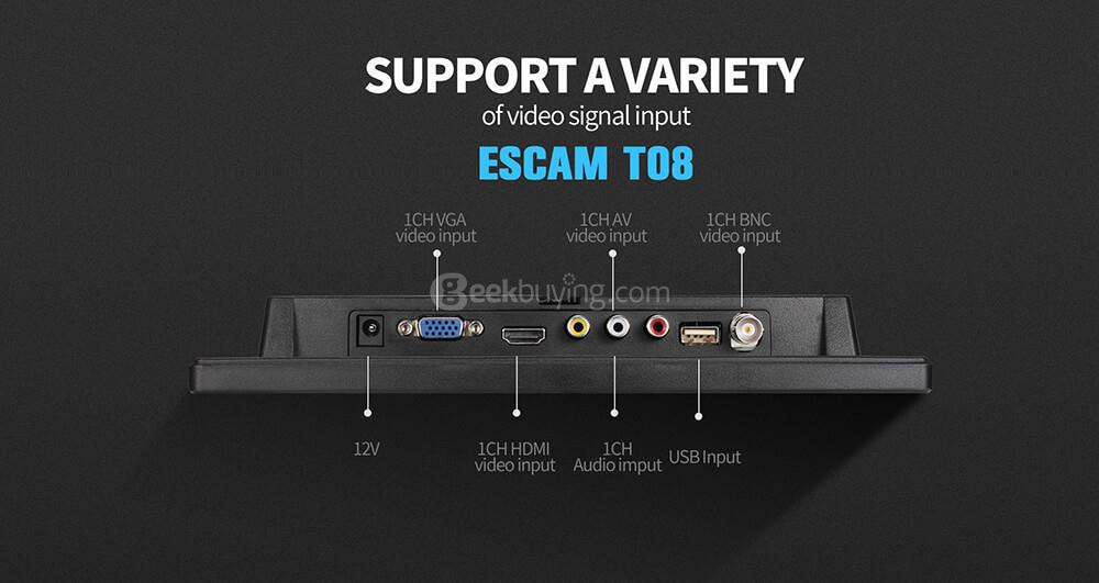ESCAM T08 8 Inch TFT LCD 1024x768 Monitor with VGA HDMI AV BNC USB for PC CCTV Security Camera