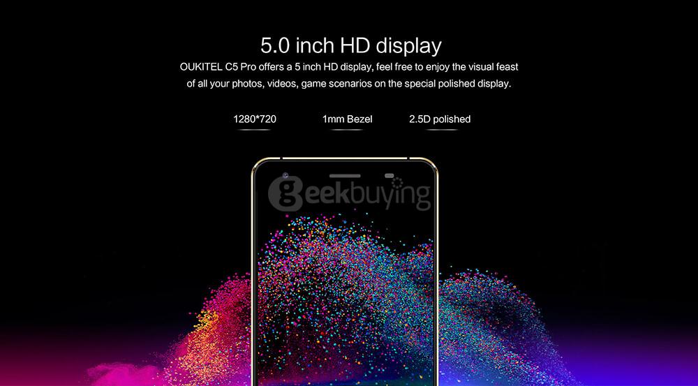 [HK Stock]OUKITEL C5 Pro 5.0 Inch HD Screen 2GB RAM 16GB ROM 5.0MP Cam MT6737 Quad core Android 6.0 4G LTE Smartphone 2000mAh Quick Gestures - Black