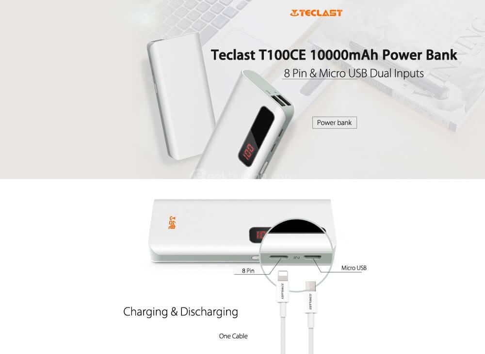 Original Teclast T100CE 10000mAh Power Bank 8 Pin and Micro USB Dual Input Intelligent Digital Display for Smart Phone - White