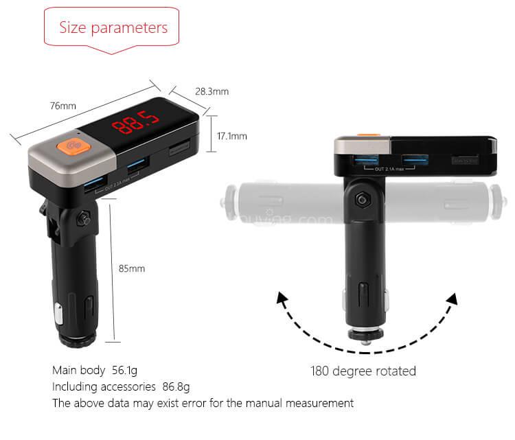 BC11 Dual USB Car Charger Wireless Bluetooth Connection MP3 Player Voltage Detection LED Display - Black + Silver