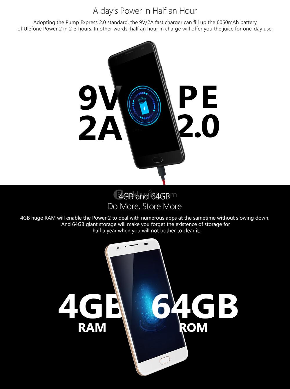 [HK Stock]Ulefone Power 2 5.5 Inch FHD Screen 4GB RAM 64GB ROM 13MP Cam MT6750T Octa Core 4G LTE Android 7.0 Smartphone Touch ID 6050mah Big Battery VoLTE - Gold