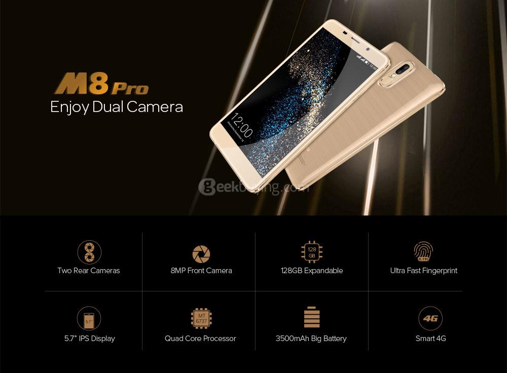 [HK Stock]LEAGOO M8 PRO 5.7 Inch HD 2.5D Corning Gorilla Glass 4 Screen 2GB RAM 16GB ROM MT6737 Quad Core 1.3GHz Android 6.0 4G Smartphone 13.0MP + 5.0MP Dual Rear Cam HIFI Touch ID 3500mAh - Gold