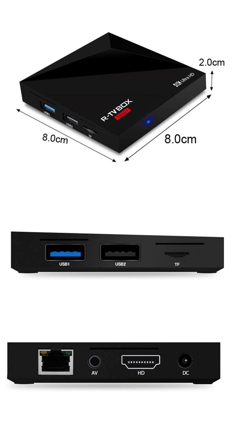 R-TV BOX MINI+ Android 7.1.1 RK3328 KODI 17.1 4K VP9 TV Box 1G/8G 802.11 b/g/n Wifi LAN H.265 HDR10 USB3.0