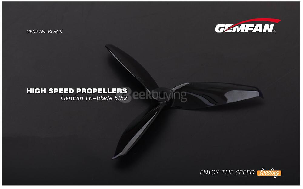 Gemfan 5152 5.1 X 5.2 3-Blade Propeller 5.0mm Mounting Hole for Racing Quadcopter (2CW & 2CCW) - Black