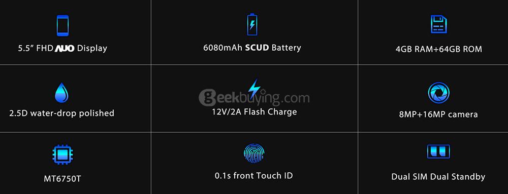 [HK Stock]OUKITEL K6000 PLUS 5.5 Inch FHD 2.5D Asahi Glass Screen 4GB RAM 64GB ROM 16MP Cam MT6750T Octa Core 4G LTE Android 7.0 Smartphone Touch ID 6080mAh Big Battery HiFi  - Gray