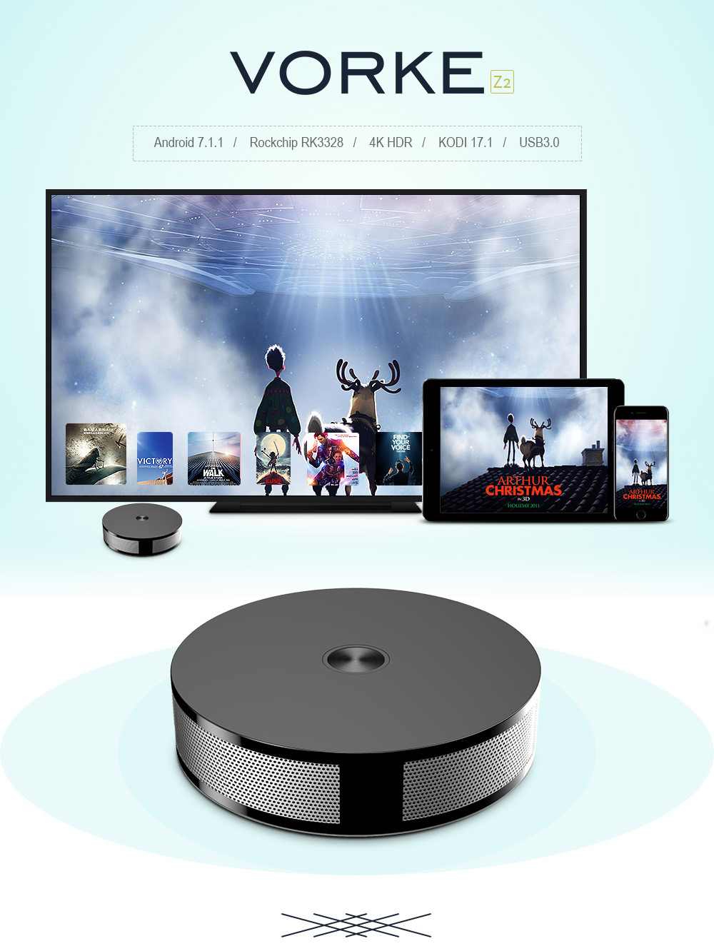 VORKE Z2 Android 7.1.1 RK3328 4K HDR TV Box Kodi17.1 Netflix 2G/16G 802.11AC WIFI LAN VP9 USB3.0 Bluetooth4.1