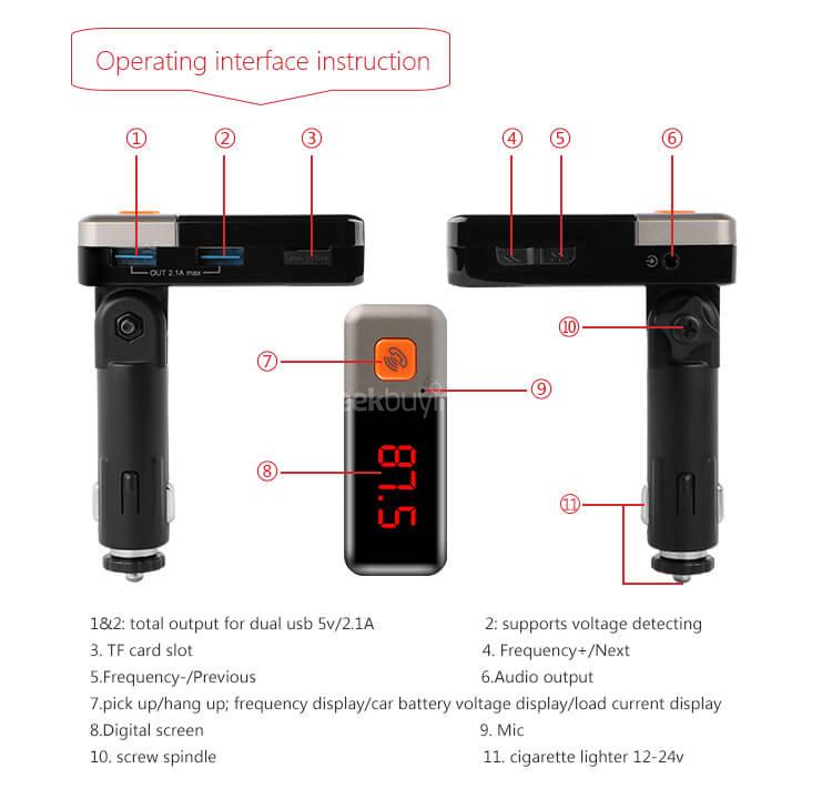 BC11 Dual USB Car Charger Wireless Bluetooth Connection MP3 Player Voltage Detection LED Display - Black + Silver