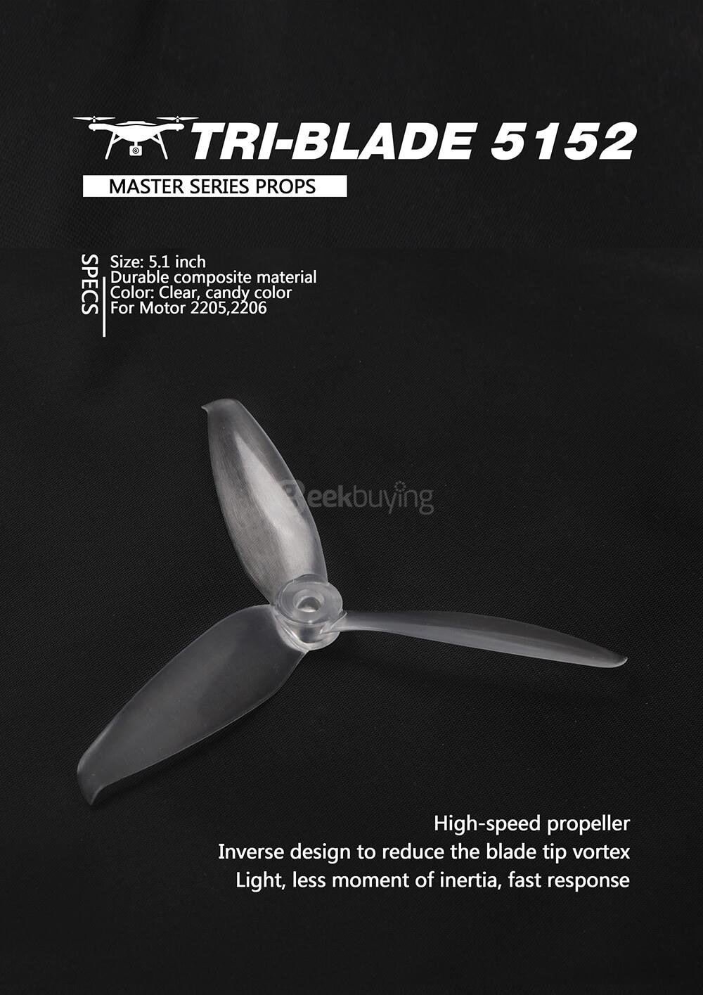 Gemfan 5152 5.1 X 5.2 3-Blade Propeller 5.0mm Mounting Hole for Racing Quadcopter (2CW & 2CCW) - Transparent