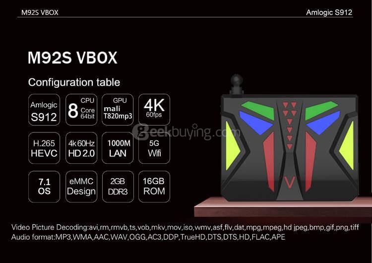 M92S VBOX Android 7.1.1 4K HDR TV BOX Amlogic S912 2G/16G 802.11AC WIFI 1000M LAN Bluetooth HDMI CEC