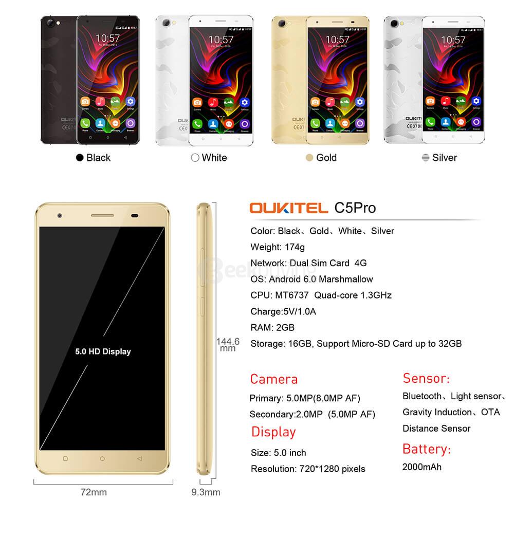 [HK Stock]OUKITEL C5 Pro 5.0 Inch HD Screen 2GB RAM 16GB ROM 5.0MP Cam MT6737 Quad core Android 6.0 4G LTE Smartphone 2000mAh Quick Gestures  - White