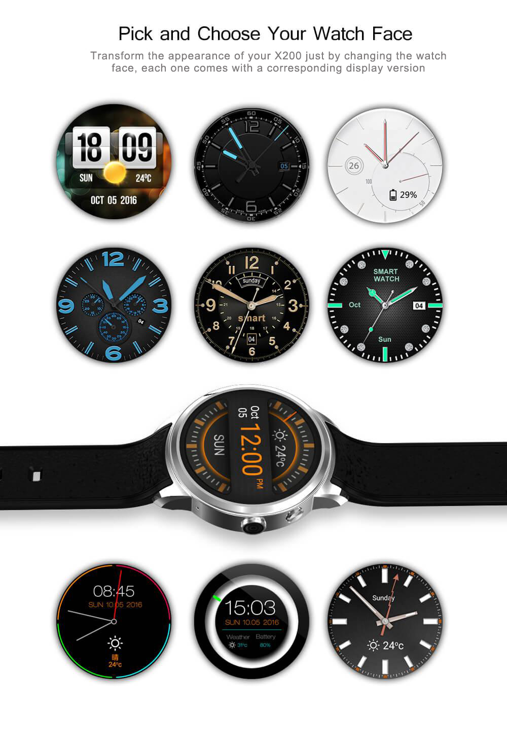 X200 3G Android Smart Watch Phone MTK6580 Nano Sim Heart Rate Monitor Camera Pedometer Wifi GPS ROM 8GB RAM 512MB - Black