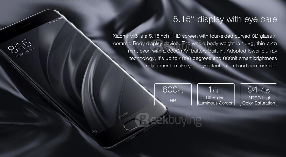 Xiaomi Mi6 5.15 Pouces 4G LTE Smartphone 6GB 64GB Snapdragon 835 12.0MP Cam Android 7.1 NFC Caméra Arrière Double à Quatre Faces 3D Corps en Verre - Noir