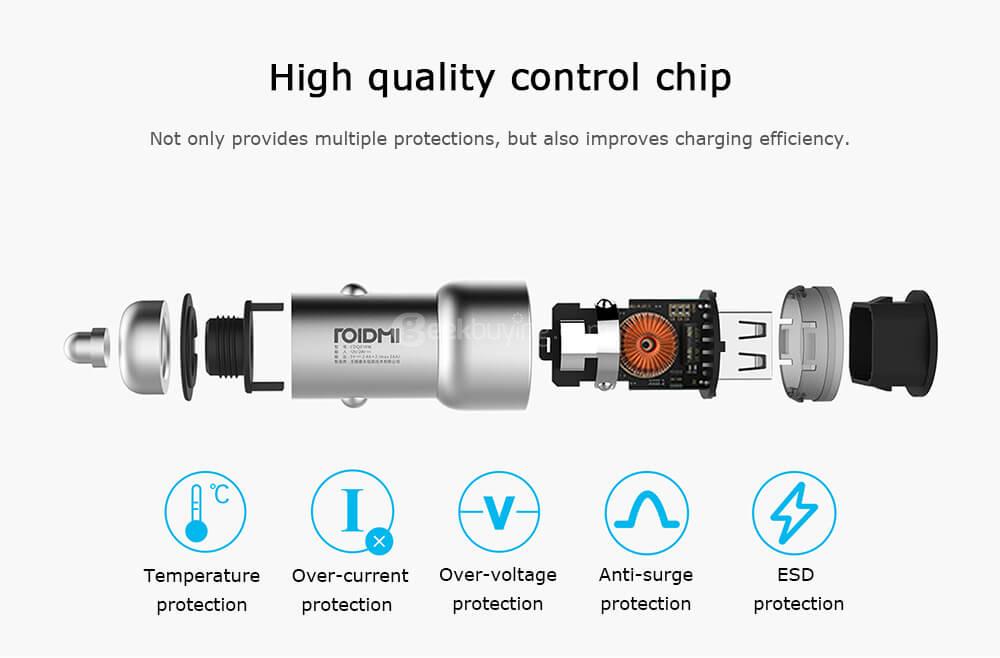 ROIDMI C1 Car Charger Dual USB Ports 3.6A Intelligent Output  -  Silver