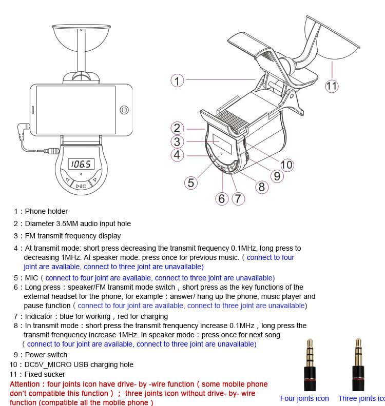 FM09 Car Handsfree FM Transmitter 360 Degree Rotation Phone Holder - Black