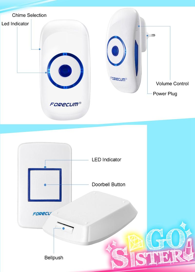 Forecum 8 Doorbell 36 Songs Waterresistant Wireless Remote Control with One Receiver Doorbell 300M