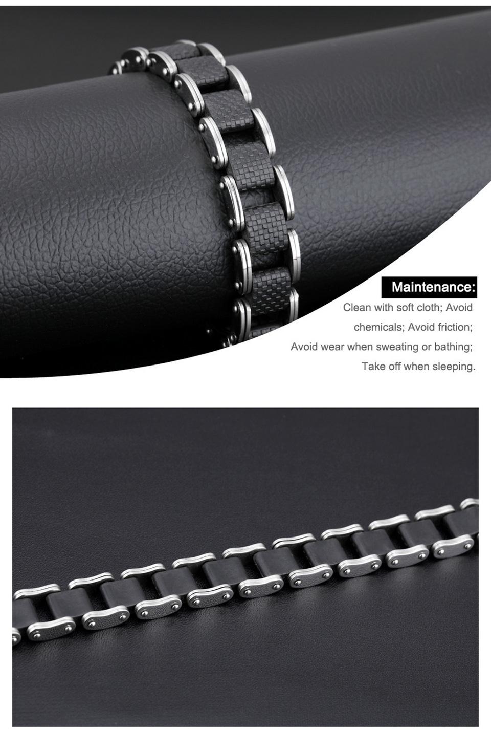 OPK Square Genuine Sillcone Mens Bracelet Stainless Steel Motorcycle Biker Chain Design Casual Style Double Safety Clasp