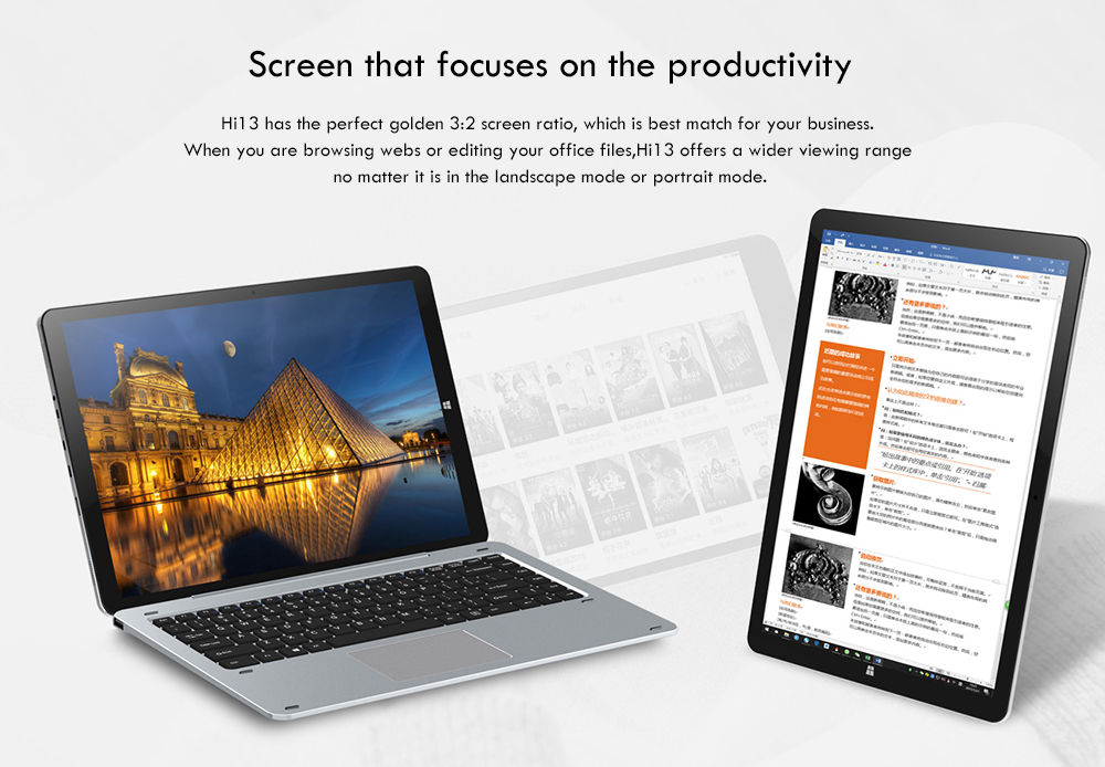 Chuwi Hi13 13.5 Inch 2 In 1 Tablet with 3K IPS Touch Display Intel Apollo Lake N3450 4GB/64GB 2MP Front Camera 5MP Rear Camera Dual Band WiFi Bluetooth Type C