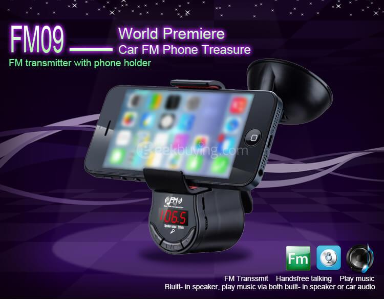 FM09 Car Handsfree FM Transmitter 360 Degree Rotation Phone Holder - Black