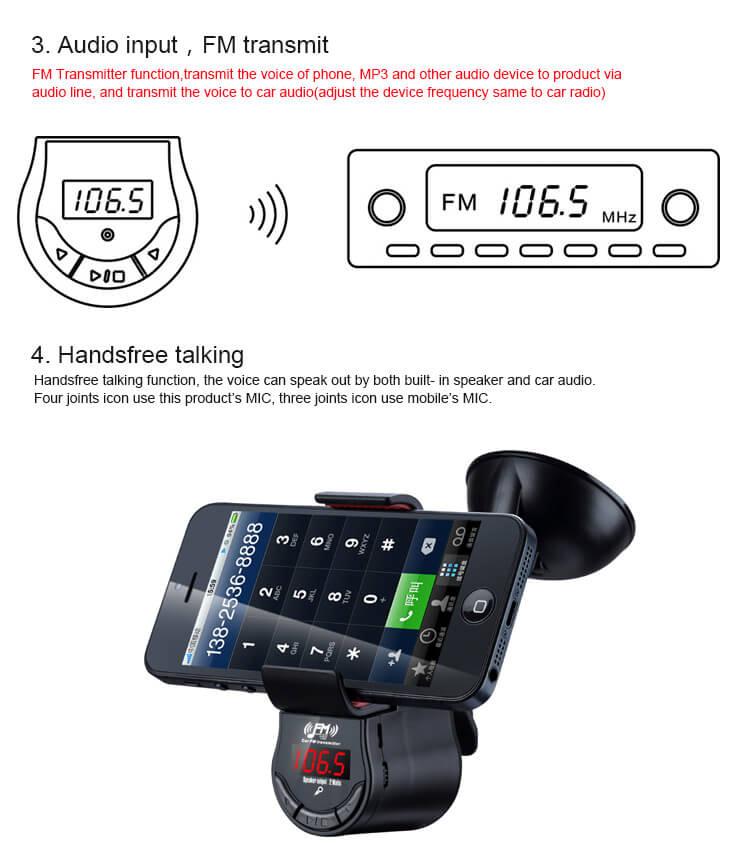 FM09 Car Handsfree FM Transmitter 360 Degree Rotation Phone Holder - Black