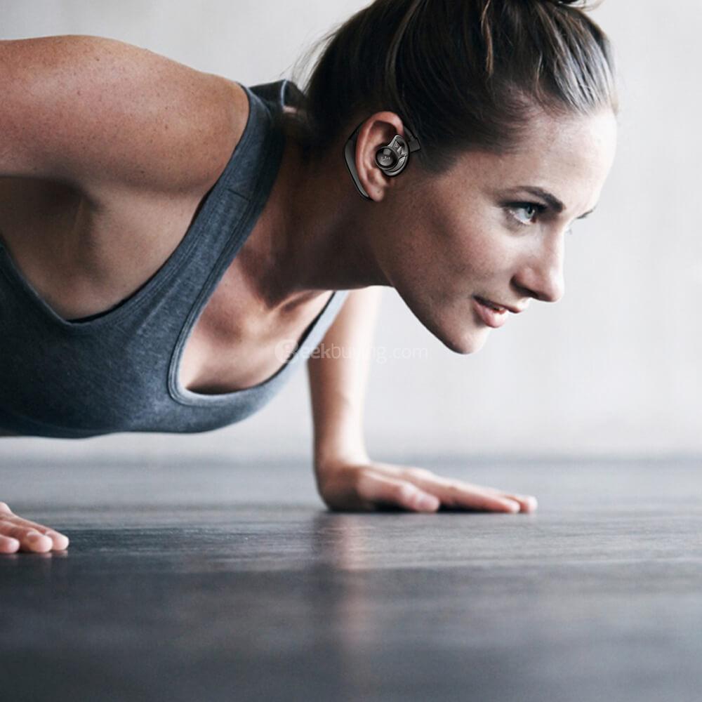 AMINY True Wireless Stereo Bluetooth 4.2 Dual Headphones Cordless Sweatproof In-Ear Headset with Mic - Black