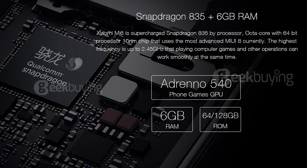 Xiaomi Mi6 5.15 Inch 4G LTE Smartphone 6GB 64GB Snapdragon 835 12.0MP Cam Android 7.1 NFC Dual Rear Cam Four-sided Curved 3D Glass Body  - Black