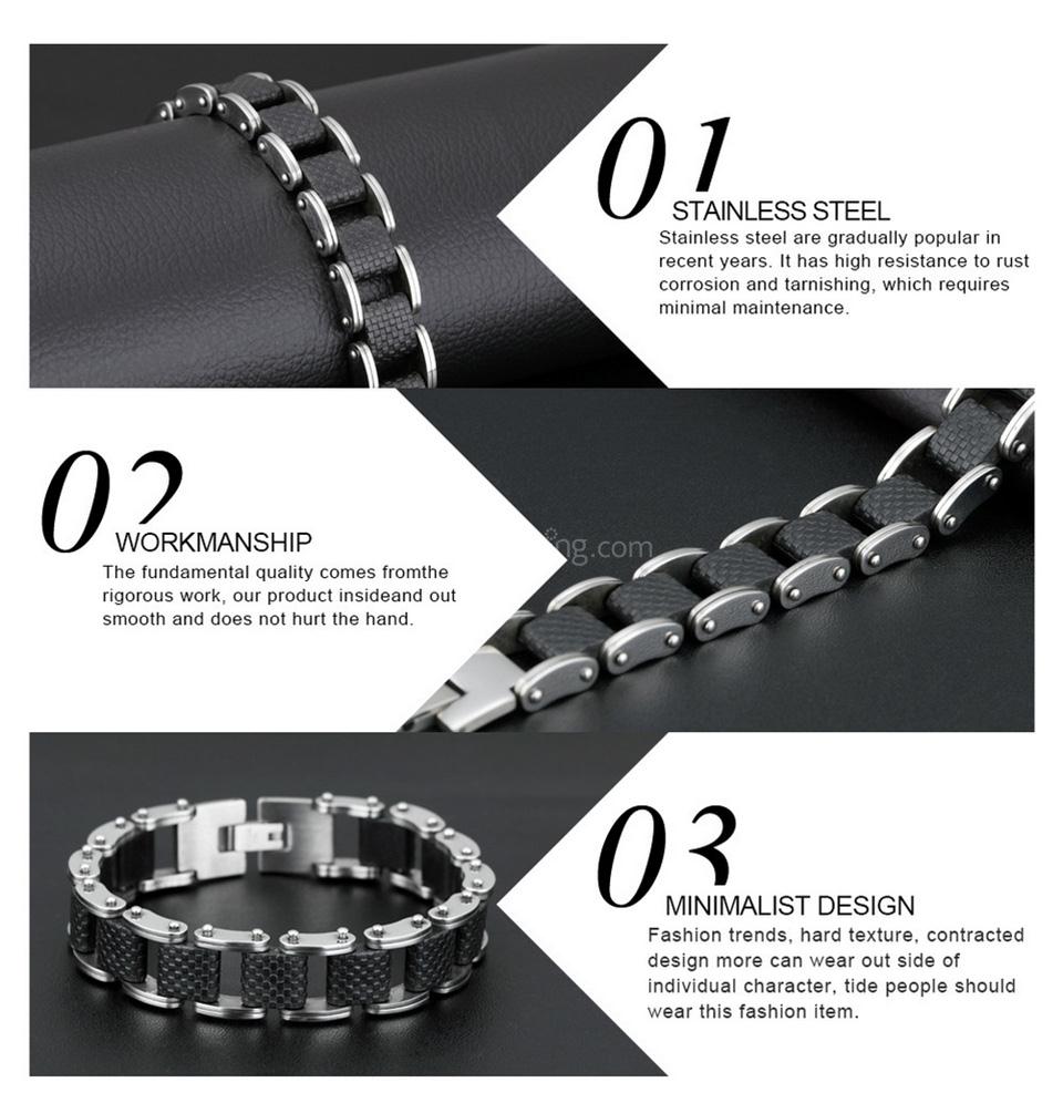 OPK Square Genuine Sillcone Mens Bracelet Stainless Steel Motorcycle Biker Chain Design Casual Style Double Safety Clasp