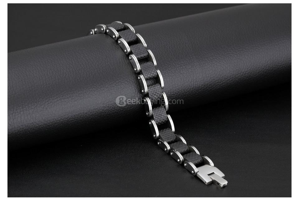 OPK Square Genuine Sillcone Mens Bracelet Stainless Steel Motorcycle Biker Chain Design Casual Style Double Safety Clasp