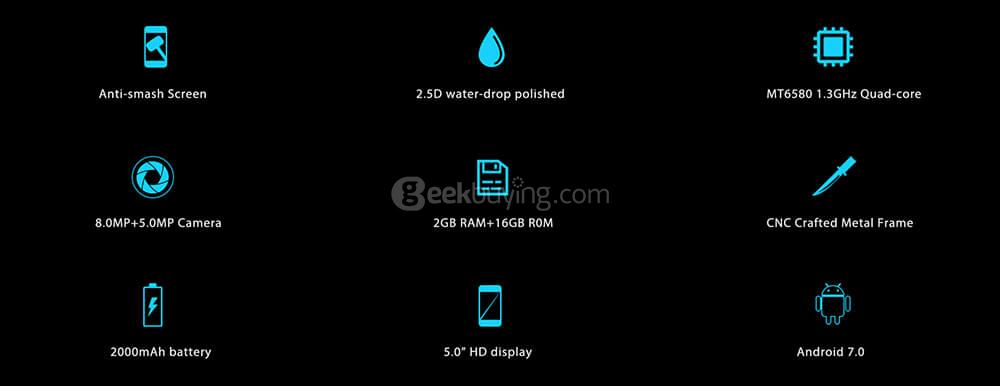 [HK Stock]Oukitel C5 5.0 Inch Smartphone HD Screen 2GB RAM 16GB ROM MTK6580 Quad Core 5.0MP Cam Android 7.0 OTA - Gold
