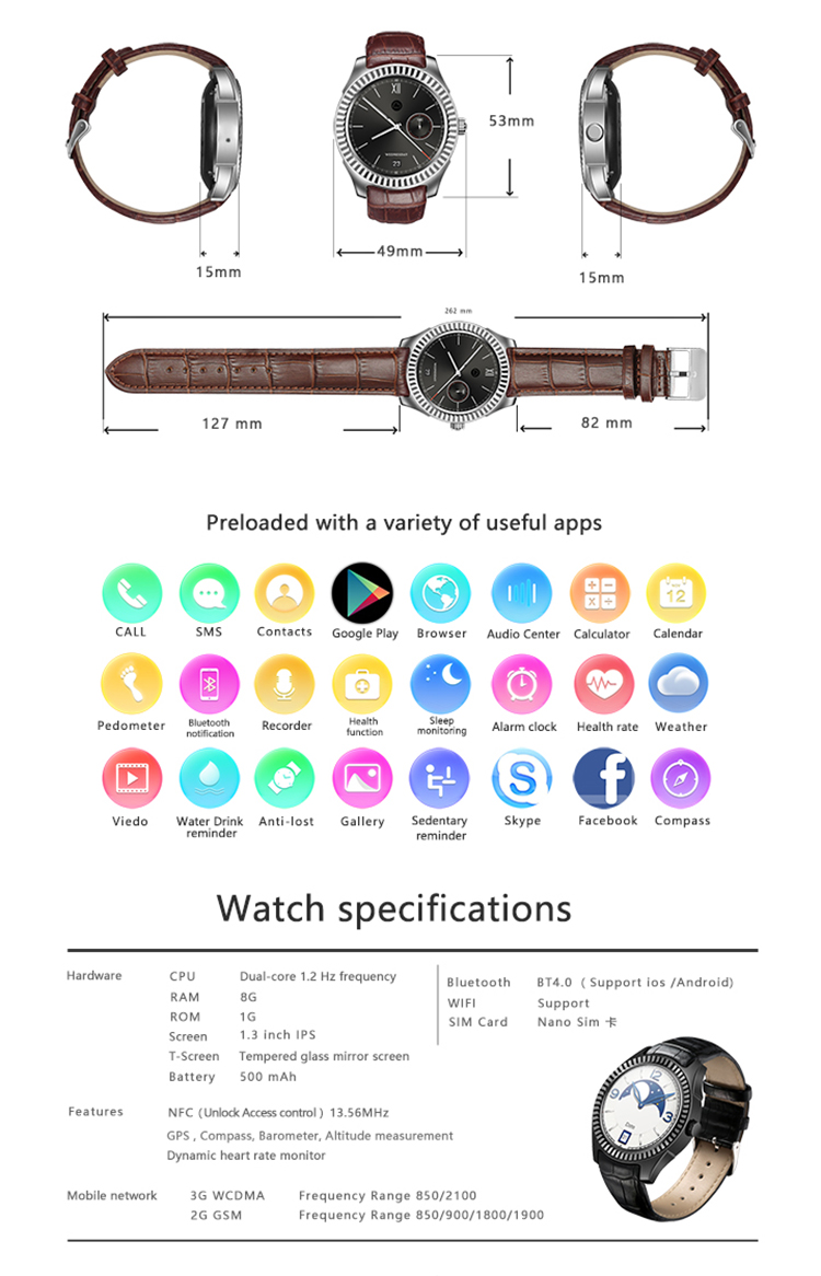 NO.1 D7 Android Smart Watch MTK6572 1.3 Inch 1GB RAM 8GB ROM IP65 Pedometer Heart Rate Monitor Bluetooth WiFi NFC Connection - Black