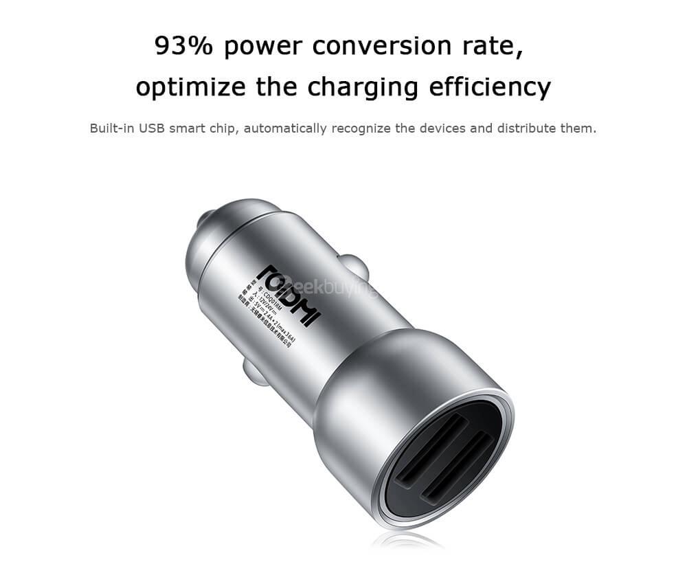 ROIDMI C1 Car Charger Dual USB Ports 3.6A Intelligent Output  -  Silver