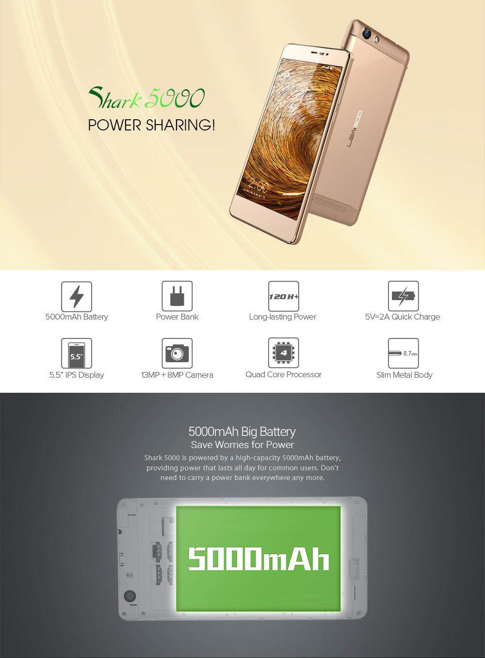 [HK Stock]LEAGOO Shark 5000 5.5 Inch HD Screen 8GB ROM 13.0MP Cam MT6580 Quad Core Android 6.0 Smartphone 5000mAh Big Battery Slim Metal body Quick Charge - Gray