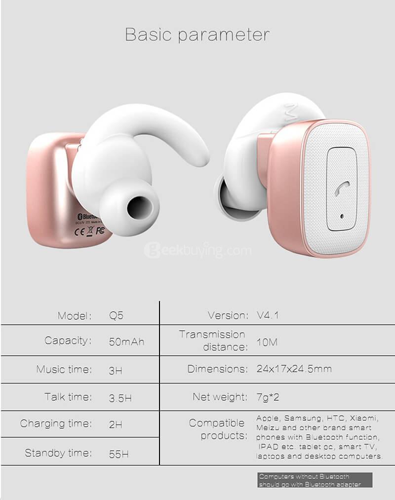 Original Roman Q5 Wireless Bluetooth 4.1 Dual Earphones - Black