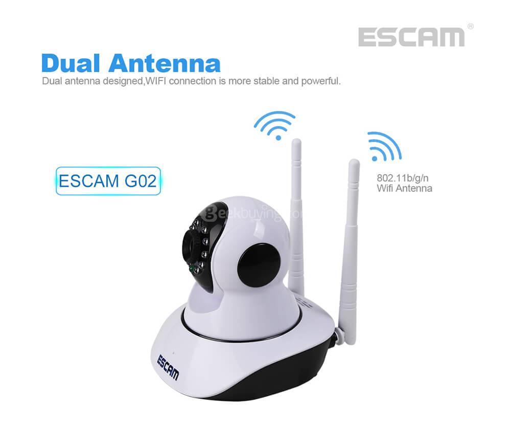 ESCAM G02 Dual Antenna 720P Pan/Tilt WiFi IP IR Camera Support ONVIF Max Up to 128GB Video Monitor
