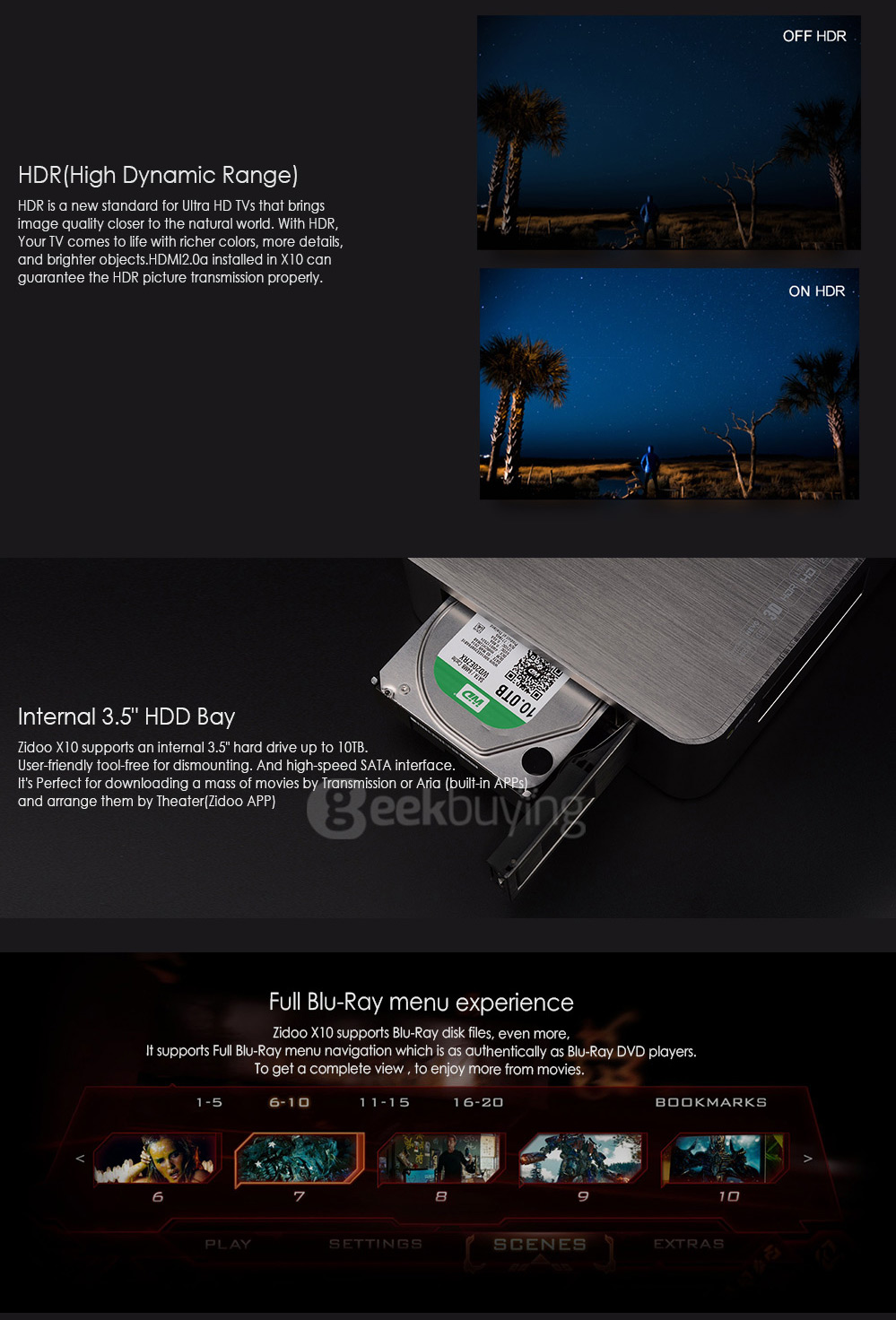 ZIDOO X10 Android 6.0 OpenWRT(NAS) Realtek RTD1295 4K 10Bit Blu-ray Media Player 2G/16G SATA AC WIFI Gigabit LAN USB3.0 Bluetooth