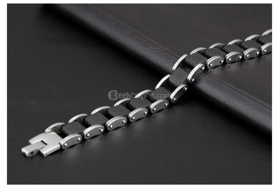 OPK Square Genuine Sillcone Mens Bracelet Stainless Steel Motorcycle Biker Chain Design Casual Style Double Safety Clasp