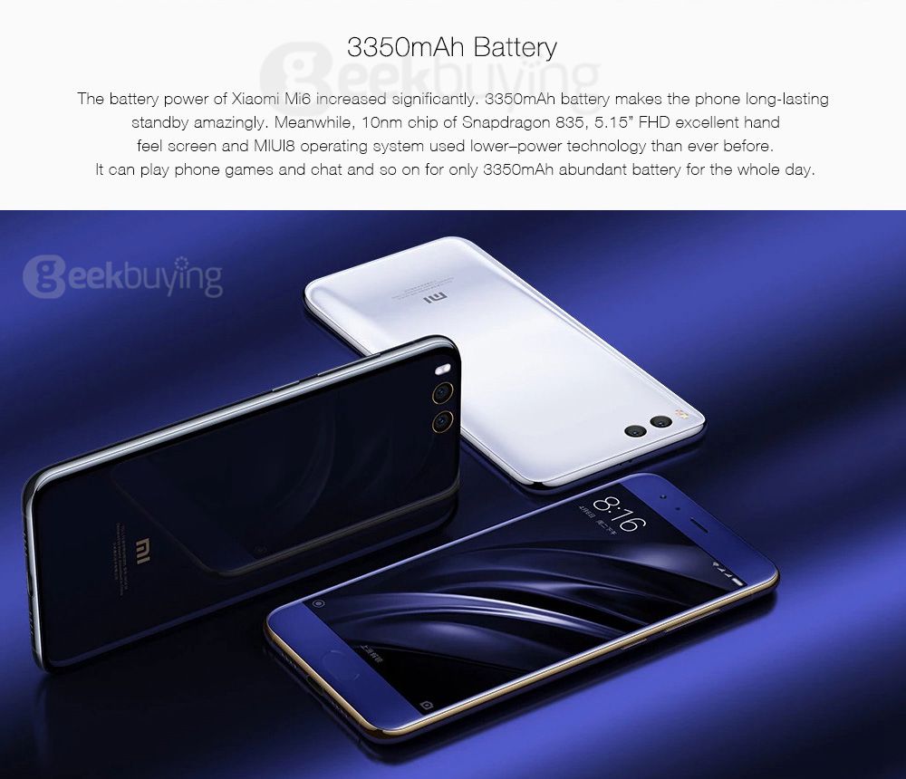 Xiaomi Mi6 5.15 Inch 4G LTE Smartphone 5.15 Inch 6GB 128GB Snapdragon 835 12.0MP Cam Android 7.1 NFC Dual Rear Cam Four-sided Curved 3D Glass Body - Black