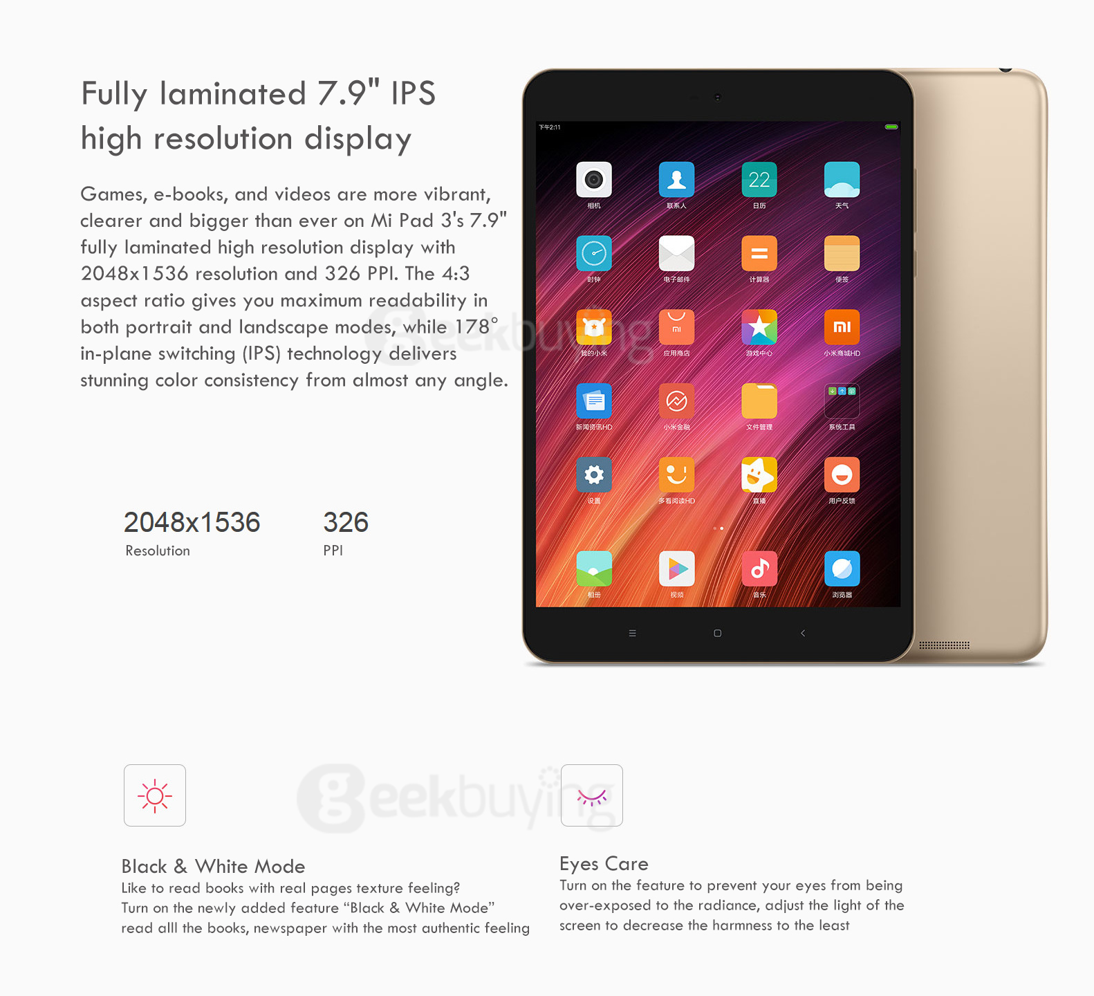 Xiaomi Mi Pad 3 Tablet PC 7.9 inch MIUI 8 4GB RAM 64GB ROM MediaTek MT8176 Hexa Core 2.1GHz Reading Mode IPS Screen 5MP+13MP Dual Cameras Type-C - Gold