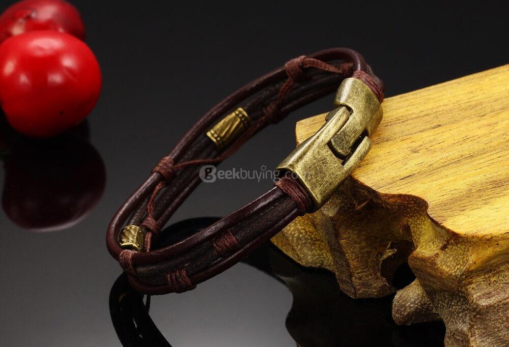 OPK Fashion Multi-Layer Genuine Leather Man Bracelets Casual Sporty Easy Alloy Hook Link Chain Men Jewelry -Golden